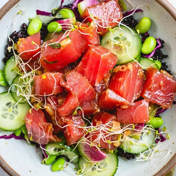 Poke bowl with cucumbers, green beans, and fresh sprouts in Miami and Fort Lauderdale